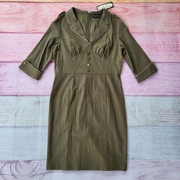 NWT Voodoo Vixen Olive Green 3/4 Sleeve Notched Collar Sheath Dress Size 10‎ - Picture 1 of 6